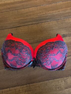 Victoria's Secret Red Bombshell Push-Up Bra with Black Lace Overlay